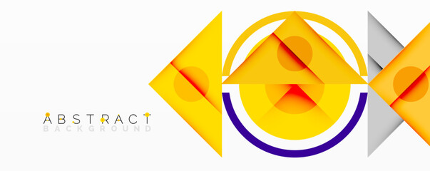 Bright geometric shapes overlap. Yellow, white, purple create modern design. Abstract composition, dynamic layers, visual texture.