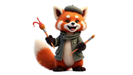 Smiling Red Panda Cartoon Character Holding Paintbrushes in Artist Outfit