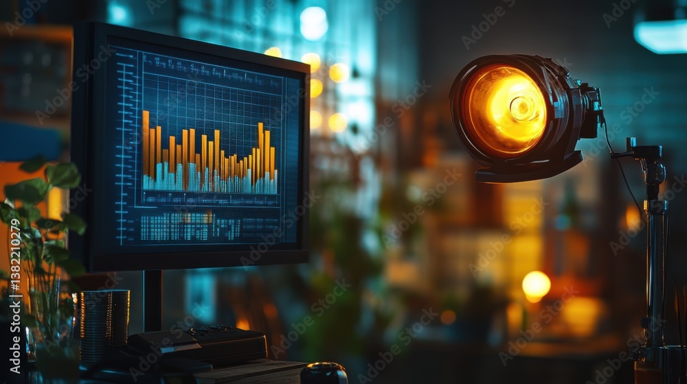 Poster a modern workspace featuring a computer screen displaying data visualizations and an industrial lamp