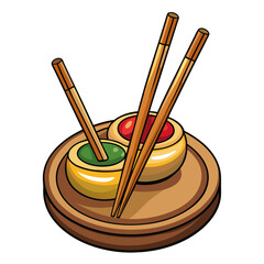 Close-up shot of a pair of simple, light-colored wooden chopsticks elegantly resting on a small, rustic ceramic dish.