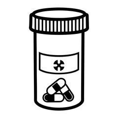 Close-up image of a white prescription pill bottle with a tamper-evident cap, clearly showing the label with an 'Rx' symbol and prescription details.