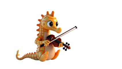 Cartoon Seahorse Playing Violin Adorable Marine Character Isolated on Black