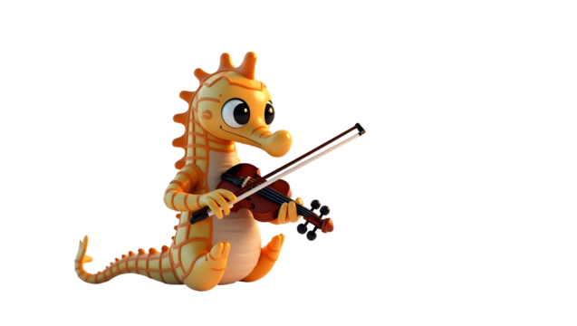 Cartoon Seahorse Playing Violin Adorable Marine Character Isolated on Black - Powered by Adobe