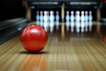 Red bowling ball rolling toward pins on lane	
