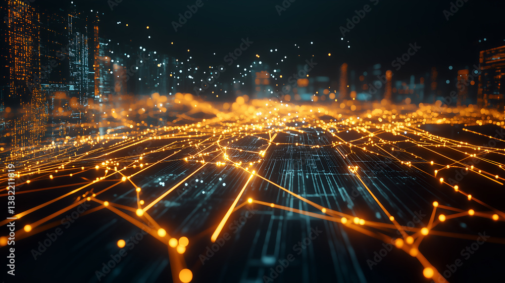 Poster a cityscape illuminated with glowing lines, symbolizing a digital network or data flow, highlighting