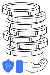 Stack of coins symbolizes wealth, blue fingerprint shield denotes security, and open hand suggests giving or receiving. Ideal for finance, banking, security, investment, charity, trust technology