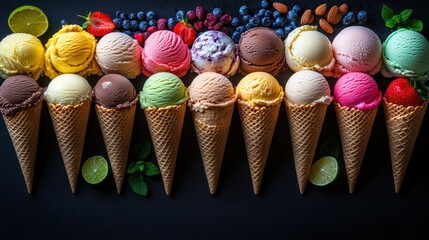Assortment of colorful ice cream cones