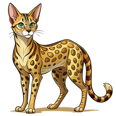 A striking savannah cat, slender body, large ears, and intense gaze, posed elegantly against a blurred savannah backdrop.