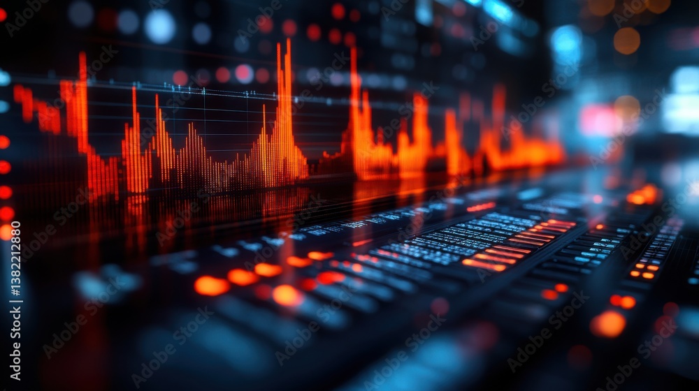 Poster a dynamic representation of audio waveforms and digital controls, showcasing vibrant colors and intr