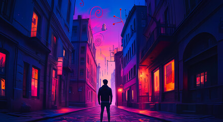 Mysterious Silhouette in Vibrant Cityscape at Twilight