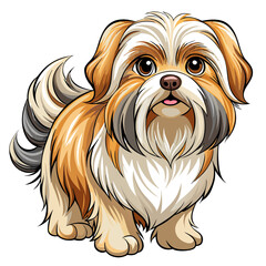 A majestic Shih Tzu with luxuriously long, silky white fur stands gracefully, showcasing its elegant posture and flowing coat.