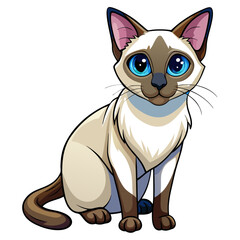 A striking Siamese cat, showcasing sleek, cream-colored fur and captivating blue eyes, posed elegantly.