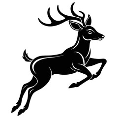 Create a dramatic silhouette of a deer gracefully leaping mid-air, its legs extended, against a vibrant sunset backdrop.