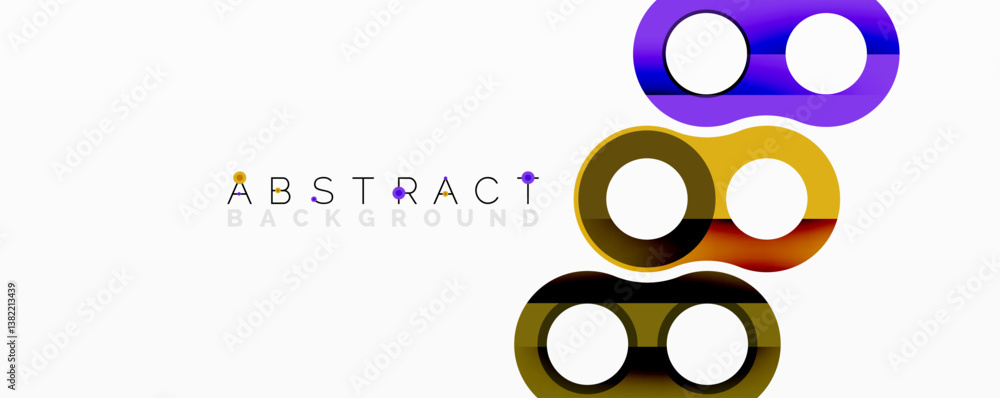 Poster abstract design features overlapping colorful rings. purple, gold, black shapes create modern visual