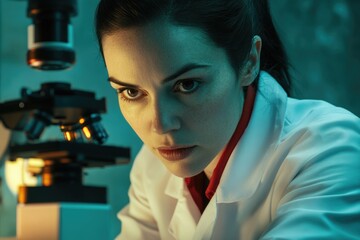 A focused female scientist intently observes through a microscope in a dimly lit laboratory setting.