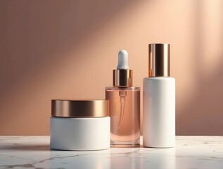 Luxury Skincare Product Bottles mockup on Marble with Soft Lighting