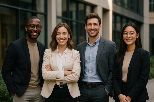 Diverse professionals smiling outdoors.