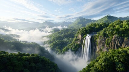 Fototapeta premium Breathtaking waterfall cascading through lush green mountains under a clear blue sky.