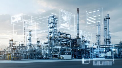 A modern highly automated industrial plant with a digital twin system that integrates real time data feeds to optimize production efficiency and environmental monitoring