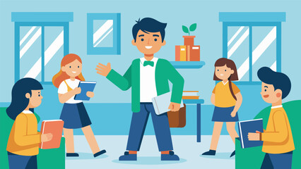 A candidate going from classroom to classroom personally introducing themselves and their goals for the student council to their classmates.. Vector illustration