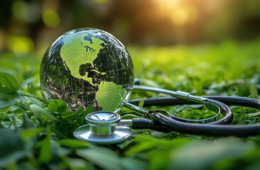 Glass globe with stethoscope in green nature	