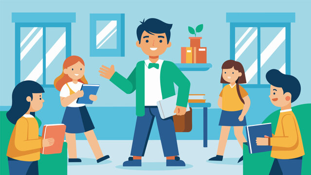 A candidate going from classroom to classroom personally introducing themselves and their goals for the student council to their classmates.. Vector illustration