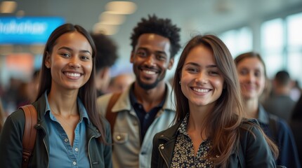 Fototapeta premium diverse group of individuals at an airport, symbolizing the journey of immigration