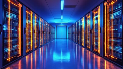A vibrant and modern data center radiates with neon lights, depicting the high-tech environment of digital infrastructure and its crucial role in today's information age.