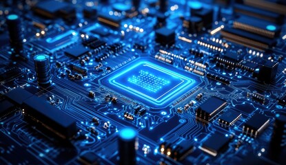 Obraz premium High-tech circuit board with glowing processor