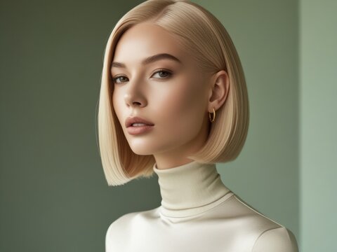 A stylish woman with a sleek, chin-length Italian bob in a rich honey-blonde shade, cut bluntly with the ends curving inward for a polished, sophisticated look