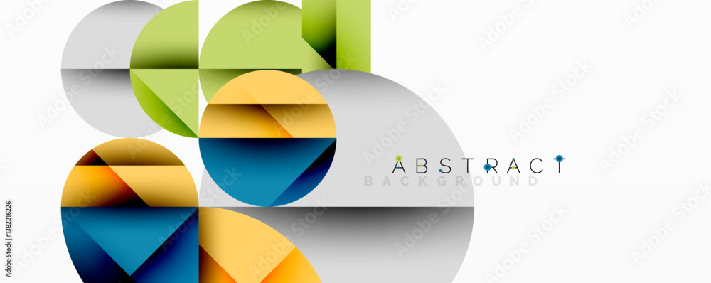 Poster Colorful geometric shapes overlap. Circles, squares, triangles create abstract design. Bright palette, modern aesthetic. Clean composition, simple forms.