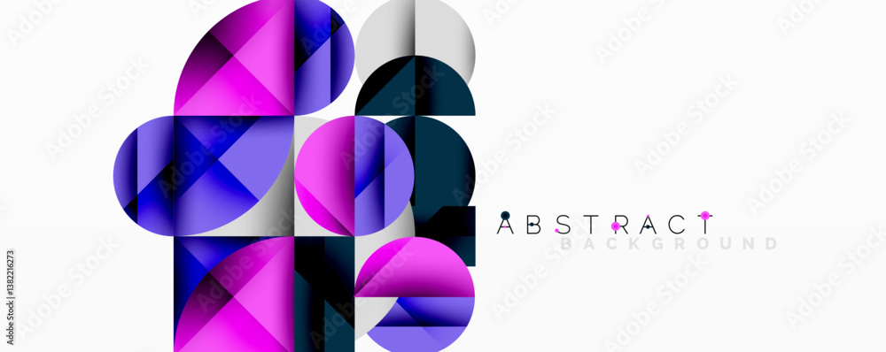 Poster bright shapes overlap creating dynamic composition. purple, blue, black, white colors blend. modern 