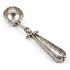 Vintage metal ice cream scoop with a traditional pull handle, perfect for serving delicious ice cream or frozen treats.