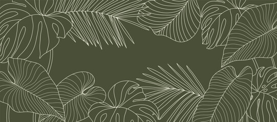 Tropical leaves background vector. Natural jungle monstera palm leaves design in minimal pale green color with contour line art. Design for fabric, print, cover, banner, decoration, wallpaper. © babeer