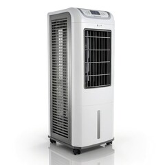 Fototapeta premium Modern air cooler on a white isolate background designed for efficient cooling in homes and offices, featuring sleek design and portability for versatile placement.