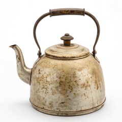 Vintage metal kettle with a worn finish, featuring a curved spout and a wooden handle, perfect for adding a rustic touch to your kitchen decor.
