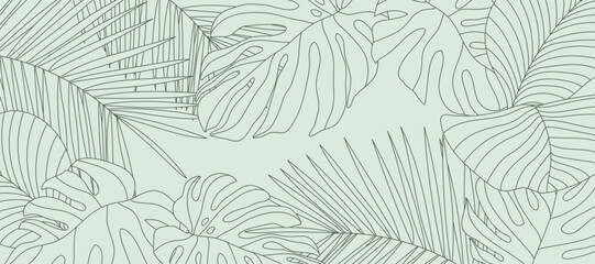 Tropical leaves background vector. Natural jungle monstera palm leaves design in minimal pale green color with contour line art. Design for fabric, print, cover, banner, decoration, wallpaper.