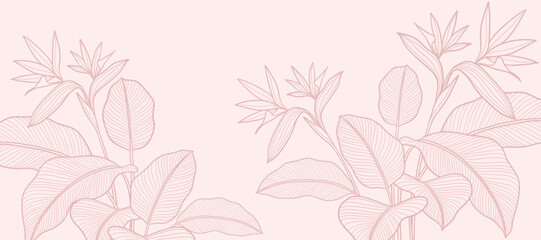 Tropical leaves background vector. Natural jungle monstera palm leaves design in minimal pink color with contour pink line art. Design for fabric, print, cover, banner, decoration, wallpaper.
