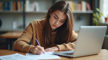 Young female student filling out a college admission form, focused on her future education, sitting at a desk with documents and a laptop.