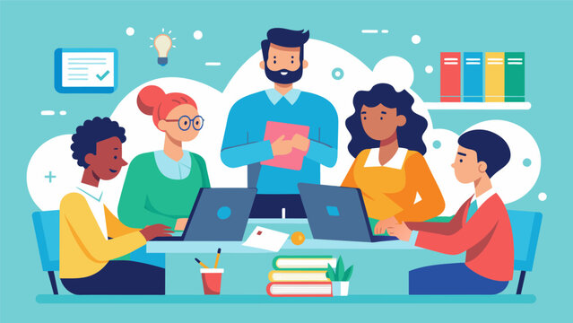 A group of teachers meets to discuss and analyze data from standardized tests identifying areas of improvement and providing targeted support for struggling students.. Vector illustration