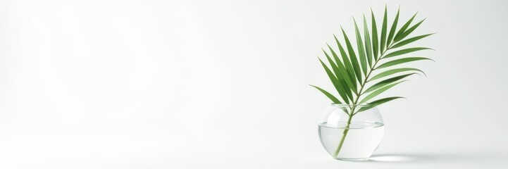 Fototapeta premium Single palm frond in round glass vase, isolated white background, vase, isolated