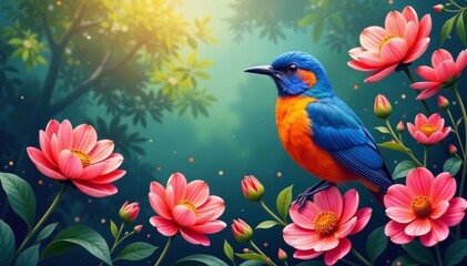 Colorful bird surrounded by blooming flowers, abstract artwork, vector, flowers, nature