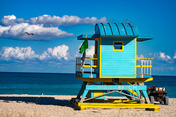 Beauty beach in Miami. Lifeguard tower on South Miami Beach. Miami Beach coastline. Famous Beach lifeguard. Travel to Miami. Art Deco lifeguard on Miamis shoreline.
