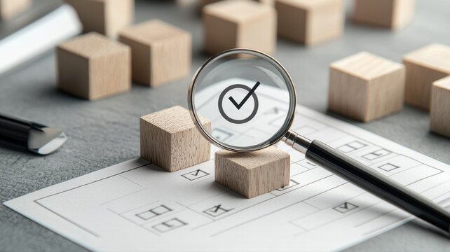 Business strategy concept with magnifying glass, checklist, and wooden blocks illustrating planning and analysis.