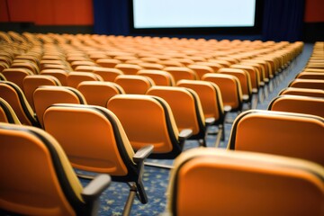 Fototapeta premium Rows of orange seats in a theater auditorium