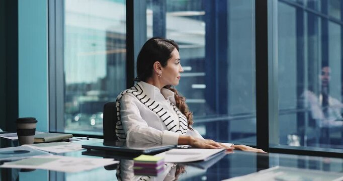 Business, thinking and woman in office, window and contemplation for stock market. Mature person, trader or financial consultant in workplace, view and reflection for profit growth or problem solving
