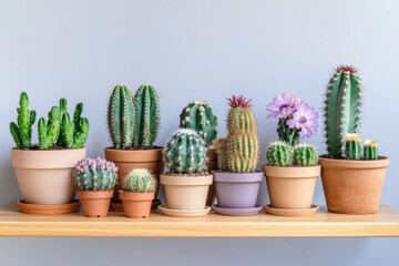 One flowering plant on a sideboard, next to a row of cactus plants
