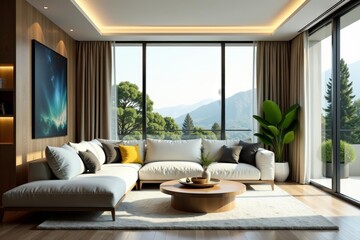 Modern living room with luxurious comfortable couch and large windows, cushion, home, window