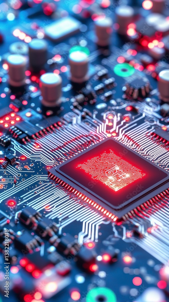 Poster exploring circuit board innovations in technology close-up digital art high-tech environment