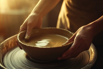 A potter's hands skillfully shape wet clay on a spinning wheel, creating a bowl in warm, golden light.